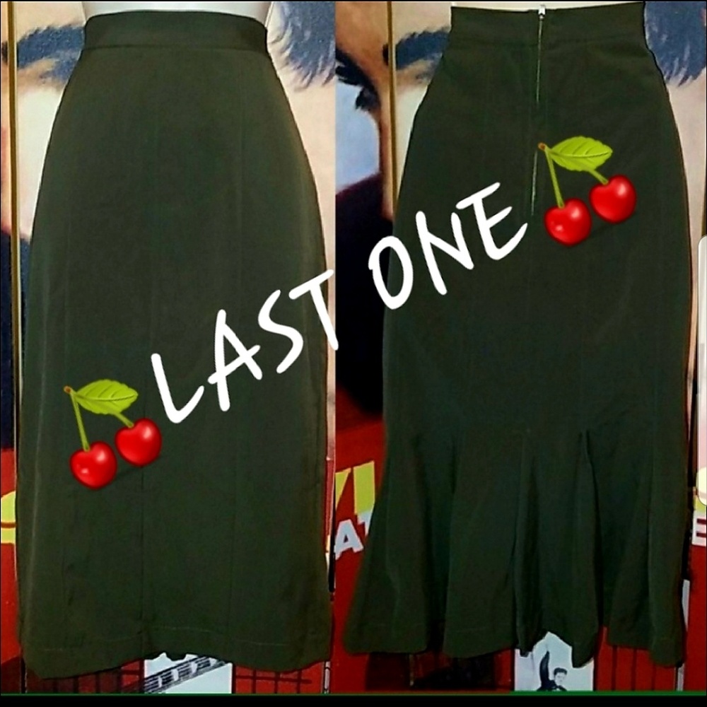 Tatyana Vintage 1940's Olive Green Military Pinup Pencil Skirt w Mermaid Ruffle